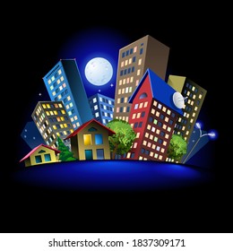 Colorful abstract cute city at night illustration on dark background.