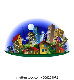 Colorful abstract cute city at night illustration on white background.