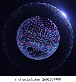 Colorful abstract dashed sphere with streaming neon lines, evoking futuristic and technological concepts, against a dark background. HUD GUI element, vector illustration