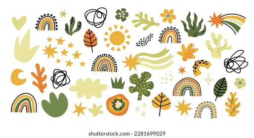 Decoración colorida y abstracta, aislada en blanco. Formas y manchas abstractas, plantas de botánica floral, arcos, estrellas, garabatos y otros elementos modernos de decoración gráfica orgánica ilustran vectores.