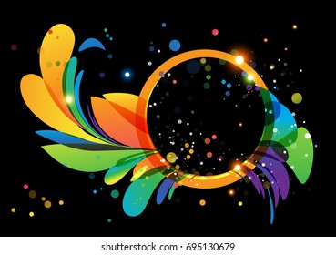 Colorful abstract decoration with circle frame on black background