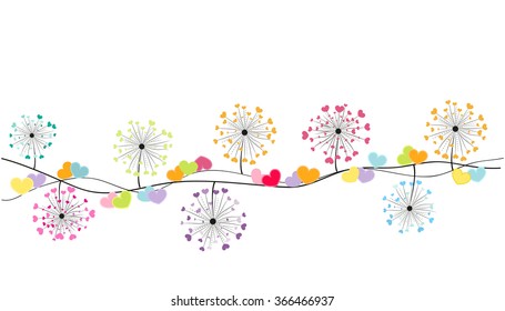 Colorful abstract decorative dandelion with hearts vector background