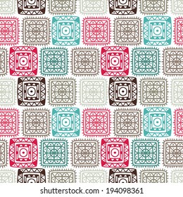 Colorful abstract decorative ethnic seamless pattern. Aztec ornament. Lace. Folk. Geometric background. Circles shapes. Squares. Fabric, textile design. Endless print texture. Wallpaper - vector 