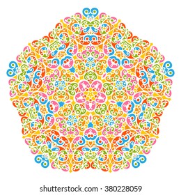 Colorful Abstract Decorative Vector Mandala Pattern with Bright and Fresh Springtime Colors. Isolated on White Background. Bloomy and Ornate Motif and Design Elements for Greeting Card Backdrops.