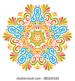 Colorful Abstract Decorative Vector Mandala Pattern with Bright and Fresh Springtime Colors. Isolated on White Background. Bloomy and Ornate Motif and Design Elements for Greeting Card Backdrops.