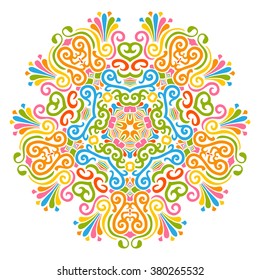 Colorful Abstract Decorative Vector Mandala Pattern with Bright and Fresh Springtime Colors. Isolated on White Background. Bloomy and Ornate Motif and Design Elements for Greeting Card Backdrops.