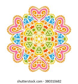 Colorful Abstract Decorative Vector Mandala Pattern with Bright and Fresh Springtime Colors. Isolated on White Background. Bloomy and Ornate Motif and Design Elements for Greeting Card Backdrops.