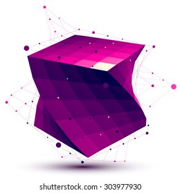 Colorful abstract deformed vector square object with lines mesh isolated on white background, purple wring rectangular figure.