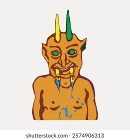 Colorful abstract demon illustration with horns and exaggerated features. Vibrant demon art with bold colors and unique demon design. Artistic demon depiction. Vintage illustration isolated, vector.