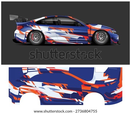 A colorful, abstract design for a car decal kit, shown on a car and as a separate decal layout.