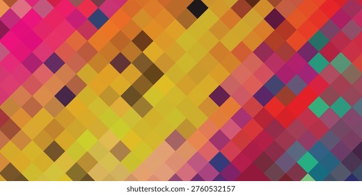 A colorful abstract design composed of small, square pixels in a mosaic pattern, featuring a gradient of warm and cool tones.