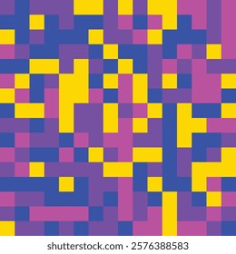 colorful abstract design composed of squares in various shades of purple, pink, yellow, and blue.