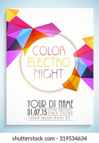 Colorful abstract design decorated flyer, template or banner with details for Party Night. 