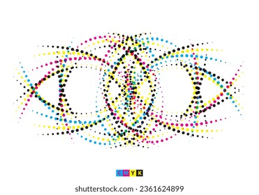 a colorful abstract design with dots and lines, a cmyk and white halftone illustration of a icon, spiral swirly halftone vector illustration 