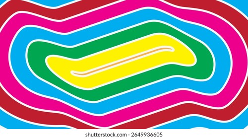 A colorful, abstract design features concentric curved lines in various vibrant hues. The pattern creates a layered, organic visual effect.