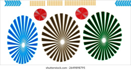 Colorful abstract design featuring circles and radial geometric patterns in vibrant red, blue, brown, and green hues against a white background, conveying creativity.