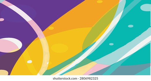 A colorful abstract design featuring flowing lines and organic shapes in purple, yellow, and teal.