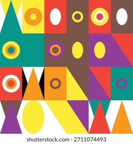 Un diseño abstracto colorido que presenta Formas geométricas como círculos, triángulos y rectángulos dispuestos en un patrón similar a una cuadrícula, creando una composición visualmente atractiva.