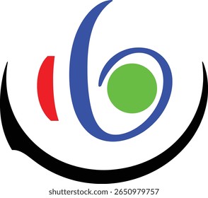 A colorful abstract design featuring a green circle, a blue curve, a red shape, and a black curve on white.