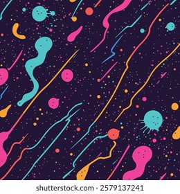 A colorful abstract design featuring a variety of shapes and lines, including wavy forms, dots, and splashes in bright colors like pink, blue, orange, and yellow against a dark background. 