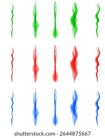 Colorful abstract design featuring wavy patterns in red, green, and blue against a white background