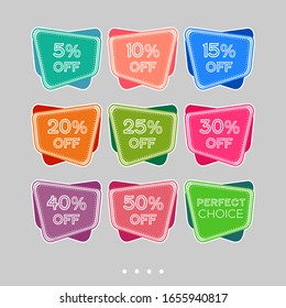 Colorful abstract design on white background. Template sale set for stickers, web page ads, tickets, discount offer price labels, badges, coupons, flyers etc.