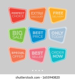 Colorful abstract design on white background. Template sale set for stickers, web page ads, tickets, discount offer price labels, badges, coupons, flyers etc.
