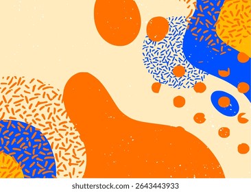 Colorful abstract design with orange, yellow, and blue organic shapes on cream background. Grunge textures give it a bold, retro, and creative look.