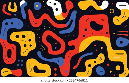 colorful abstract design pattern and composition set colors red, black, yellow and blue, abstract shapes, in the style of minimalist illustrator, biomorphic, animated gifs, light orange and navy