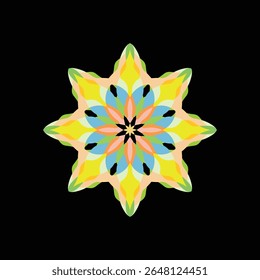 Design abstrato colorido com simetria radial e elementos em forma de estrela no plano de fundo preto