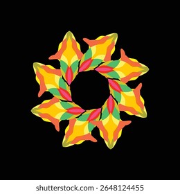 Design abstrato colorido com simetria radial e elementos semelhantes a flores no plano de fundo preto