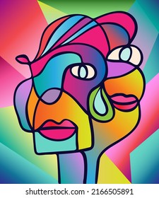Colorful abstract design of surreal faces portrait. Hand drawn faces with a hint of cubism in funky colors. Concept art can be used for fashion, beauty treatment, health, and mental wellbeing.