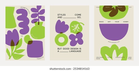 Colorful abstract designs with bold shapes and text. Green and purple dominate. Creative art, imagination, and design. Styles and language in art. Creative floral poster template vector set.