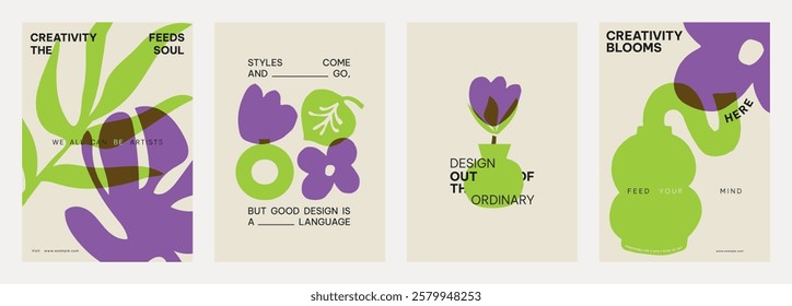 Colorful abstract designs with green and purple shapes. Creative and artistic themes. Modern design with vibrant colors. Artistic and creative elements. Creative floral poster template vector set.