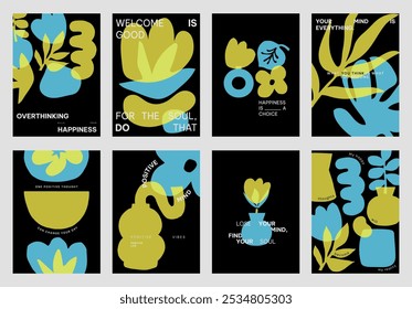 Colorful abstract designs with yellow and blue vector shapes. Positive quotes vector posters. Vibrant art with blue and yellow colors and motivational text. Set of yellow and blue vector posters.