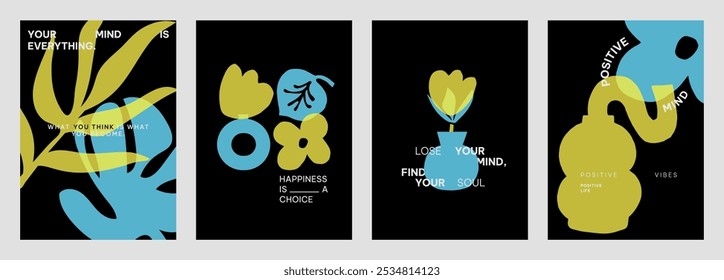 Colorful abstract designs with yellow and blue vector shapes. Positive quotes posters. Vibrant art with blue and yellow colors and motivational text. Set of black yellow and blue vector posters.