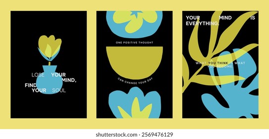 Colorful abstract designs with yellow and blue vector shapes. Positive quotes posters. Vibrant art with blue and yellow colors and motivational text. Set of black yellow and blue vector posters.