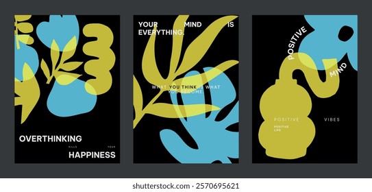 Colorful abstract designs with yellow and blue vector shapes. Positive quotes posters. Vibrant art with blue and yellow colors and motivational text. Set of black yellow and blue vector posters.