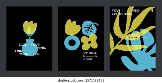 Colorful abstract designs with yellow and blue vector shapes. Positive quotes posters. Vibrant art with blue and yellow colors and motivational text. Set of black yellow and blue vector posters.