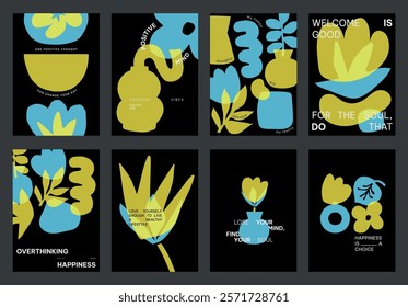 Colorful abstract designs with yellow and blue vector shapes. Positive quotes vector posters. Vibrant art with blue and yellow colors and motivational text. Set of yellow and blue vector posters.