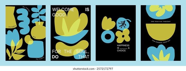 Colorful abstract designs with yellow and blue vector shapes. Positive quotes vector posters. Vibrant art with blue and yellow colors and motivational text. Set of yellow and blue vector posters.