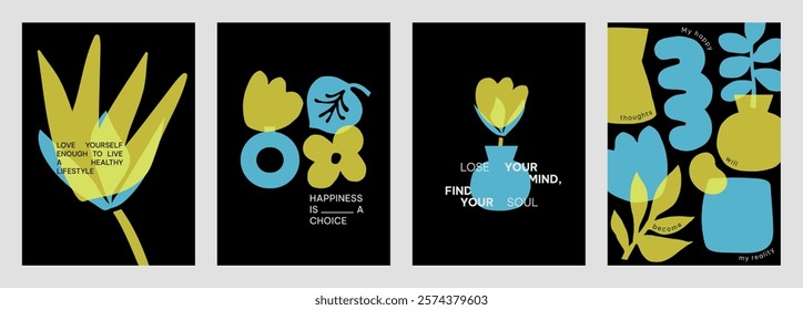 Colorful abstract designs with yellow and blue vector shapes. Positive quotes vector posters. Vibrant art with blue and yellow colors and motivational text. Set of yellow and blue vector posters.