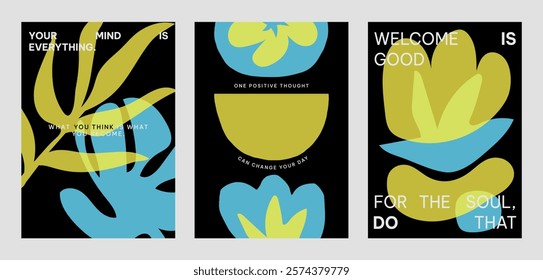 Colorful abstract designs with yellow and blue vector shapes. Positive quotes posters. Vibrant art with blue and yellow colors and motivational text. Set of black yellow and blue vector posters.