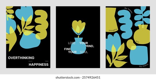 Colorful abstract designs with yellow and blue vector shapes. Positive quotes posters. Vibrant art with blue and yellow colors and motivational text. Set of black yellow and blue vector posters.