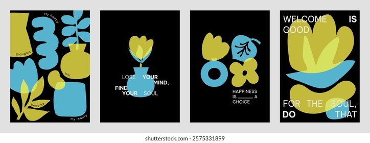 Colorful abstract designs with yellow and blue vector shapes. Positive quotes posters. Vibrant art with blue and yellow colors and motivational text. Set of black yellow and blue vector posters.