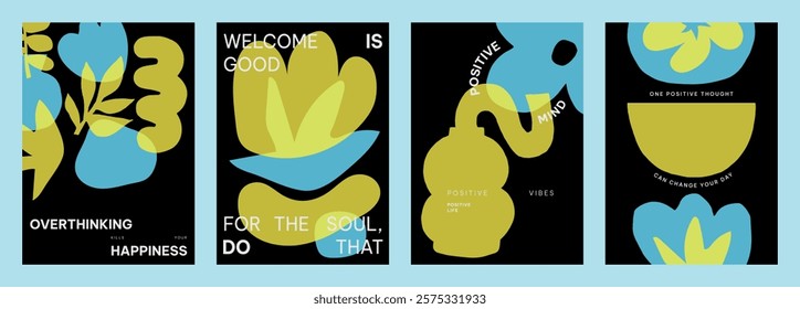 Colorful abstract designs with yellow and blue vector shapes. Positive quotes vector posters. Vibrant art with blue and yellow colors and motivational text. Set of yellow and blue vector posters.