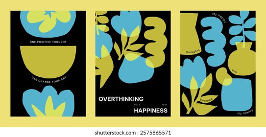 Colorful abstract designs with yellow and blue vector shapes. Positive quotes posters. Vibrant art with blue and yellow colors and motivational text. Set of black yellow and blue vector posters.