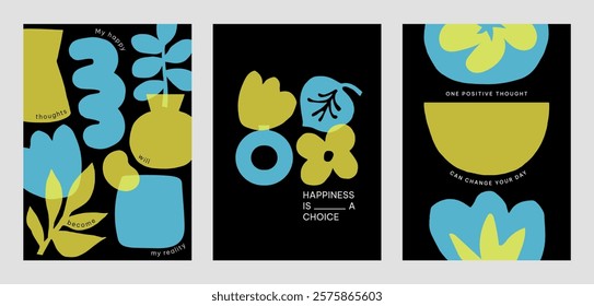 Colorful abstract designs with yellow and blue vector shapes. Positive quotes posters. Vibrant art with blue and yellow colors and motivational text. Set of black yellow and blue vector posters.