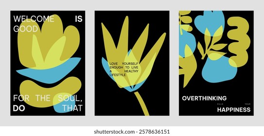 Colorful abstract designs with yellow and blue vector shapes. Positive quotes posters. Vibrant art with blue and yellow colors and motivational text. Set of black yellow and blue vector posters.