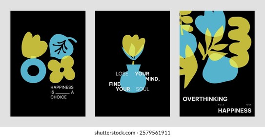 Colorful abstract designs with yellow and blue vector shapes. Positive quotes posters. Vibrant art with blue and yellow colors and motivational text. Set of black yellow and blue vector posters.